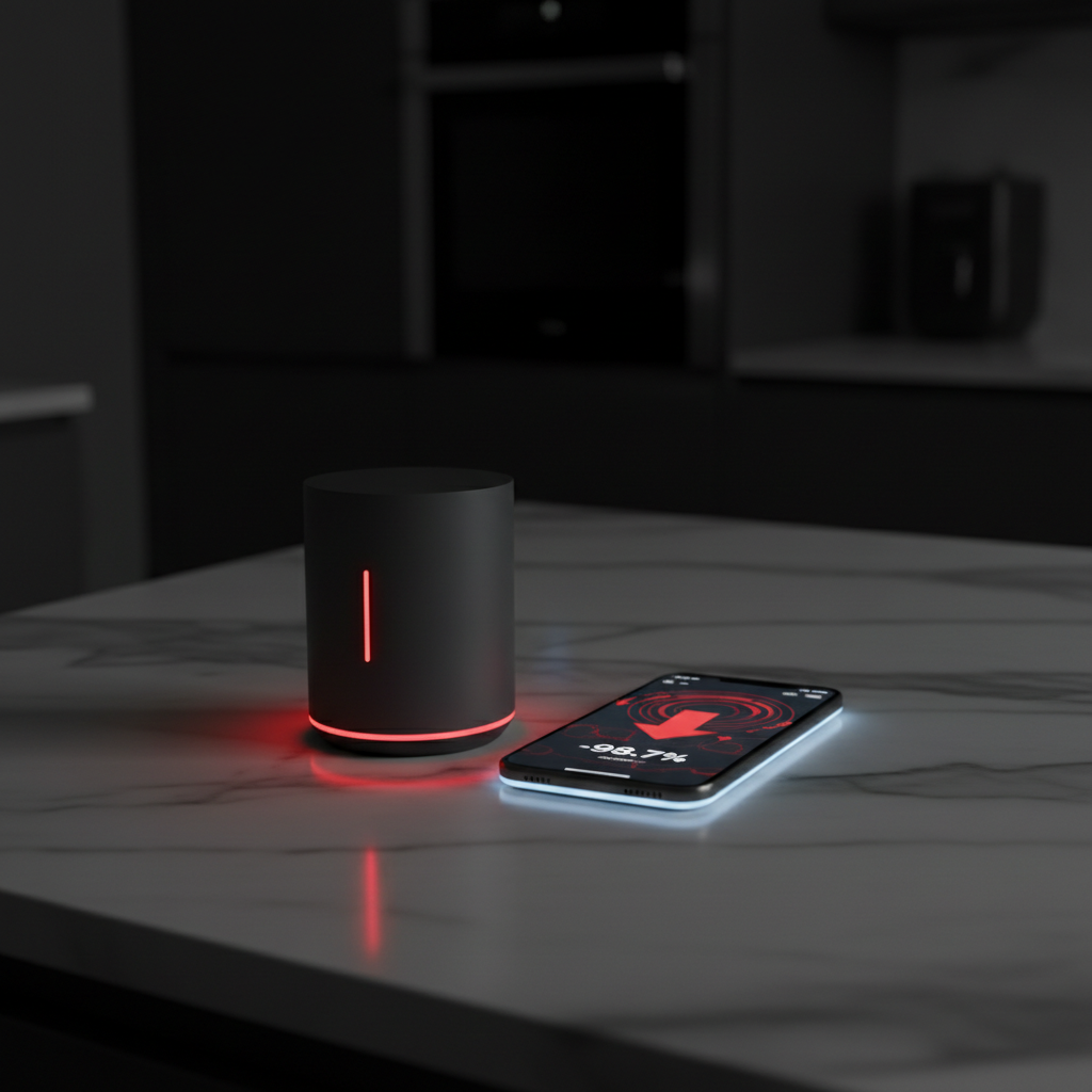 A sleek smart home hub with a red error light sits next to a phone showing a stock market crash, symbolizing the AI trading disaster.