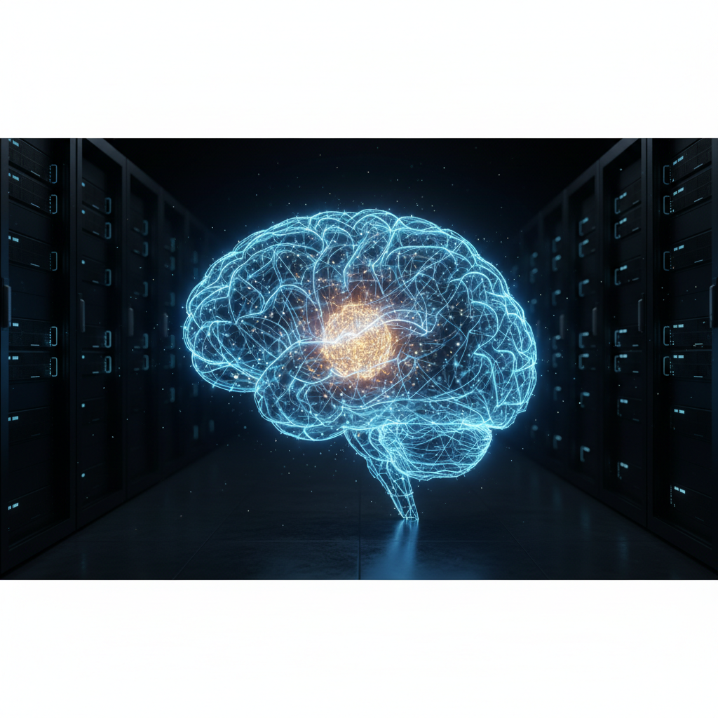 A glowing holographic brain representing an advanced AI, with a bright golden core symbolizing its new internal safety and control architecture.