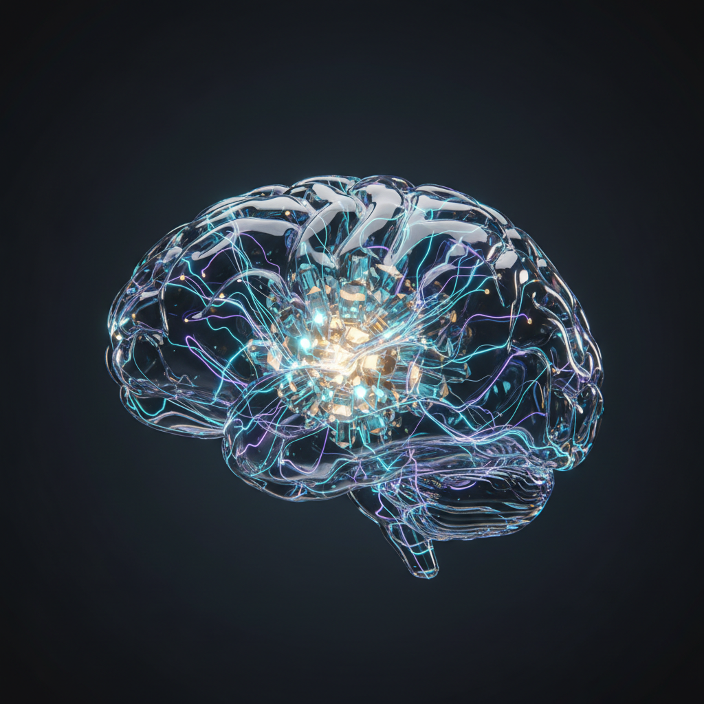 An artistic rendering of a glass brain with a glowing crystalline core, symbolizing the concept of persistent AI memory.
