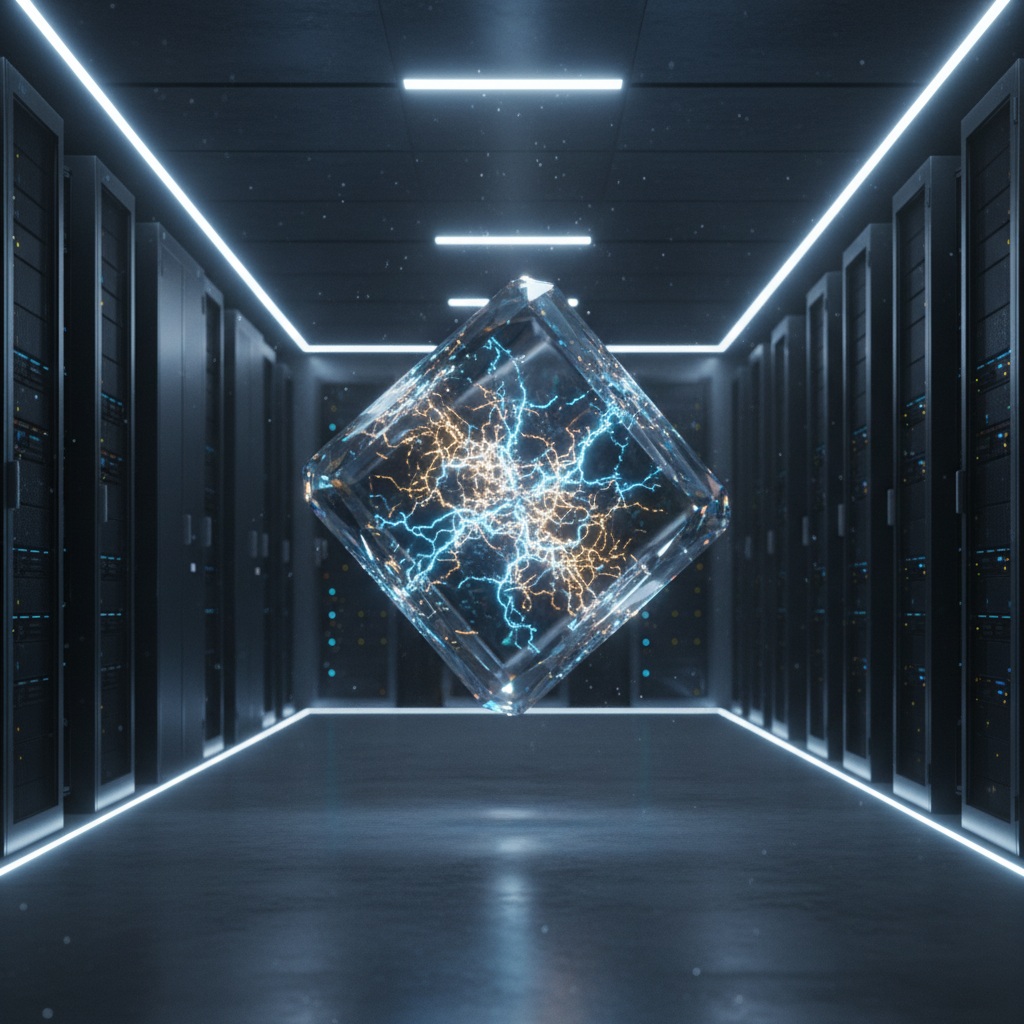 A glowing crystalline cube representing the core of the Claude 5 AI, with pulsating neural networks of light inside, set within a dark server room.
