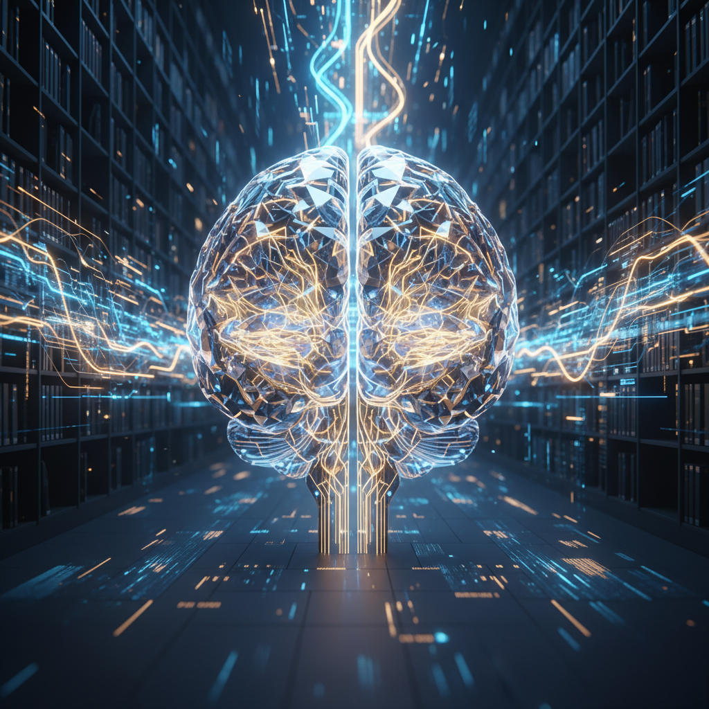 A glowing, crystalline brain structure representing Anthropic's new AI, Claude 4 Sentinel, with data streams in the background.