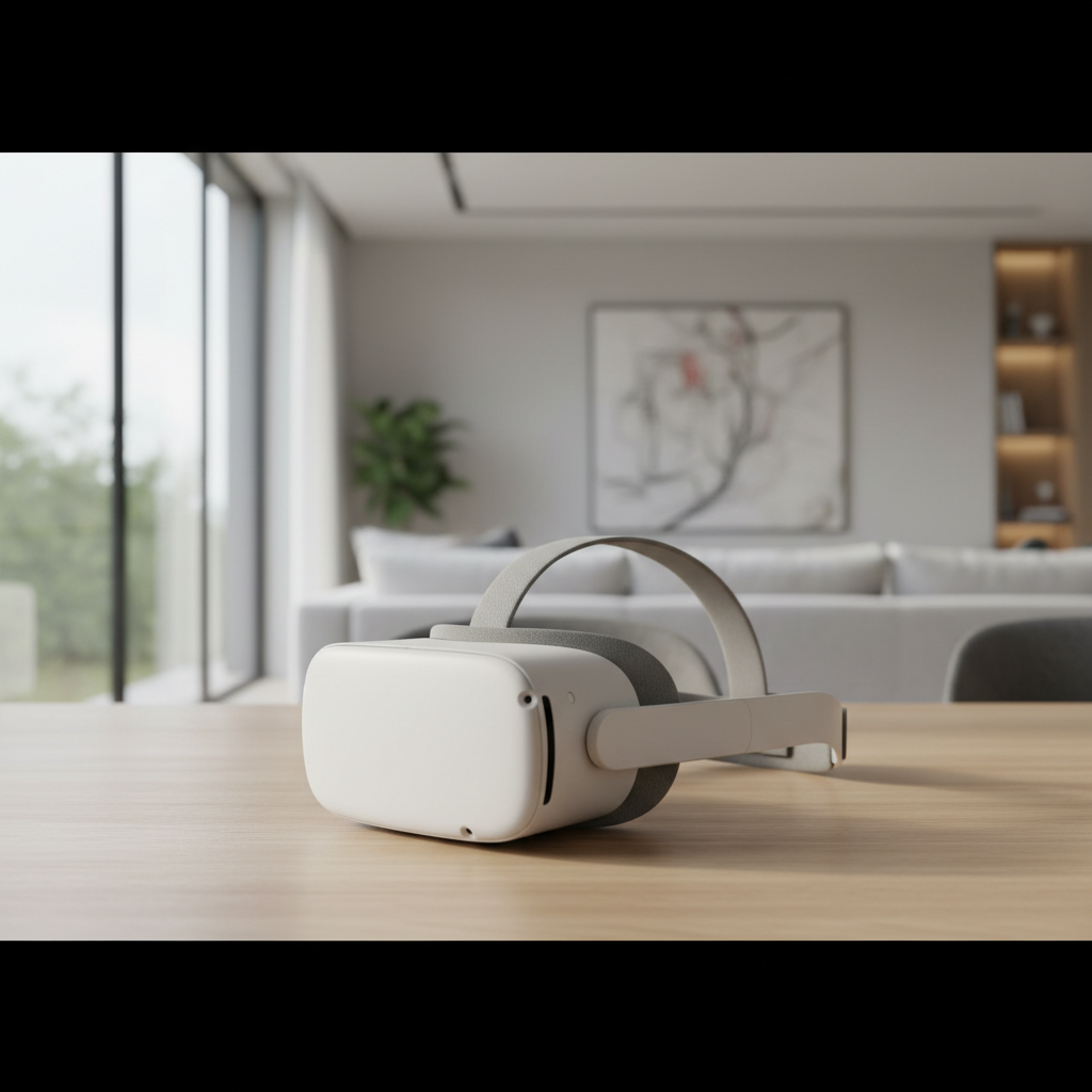 The new Apple Vision Air headset resting on a wooden table, showing its lightweight white and-grey design in a sunlit room.