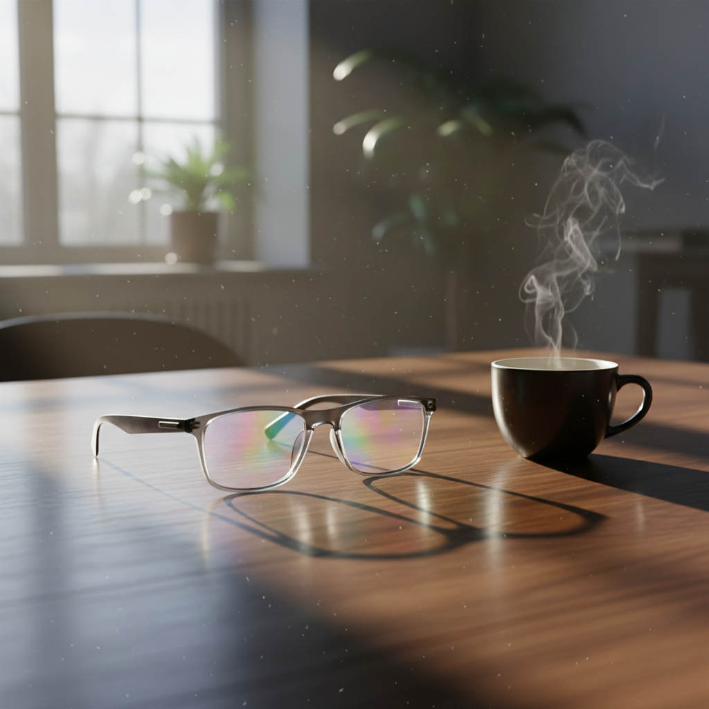 A pair of sleek, stylish Apple View augmented reality glasses resting on a dark wooden table in soft morning light.