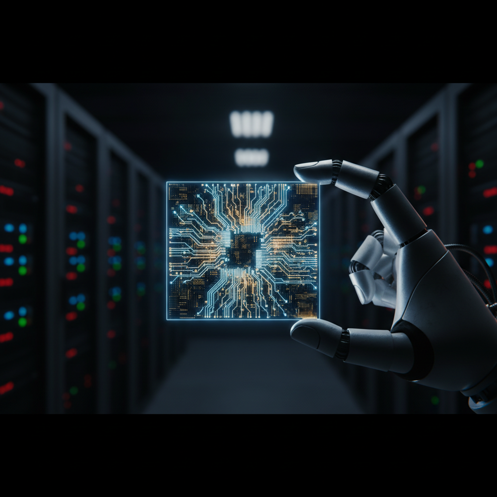 A robotic arm presents a glowing silicon wafer with neural network-like patterns etched into it, inside a futuristic data center.