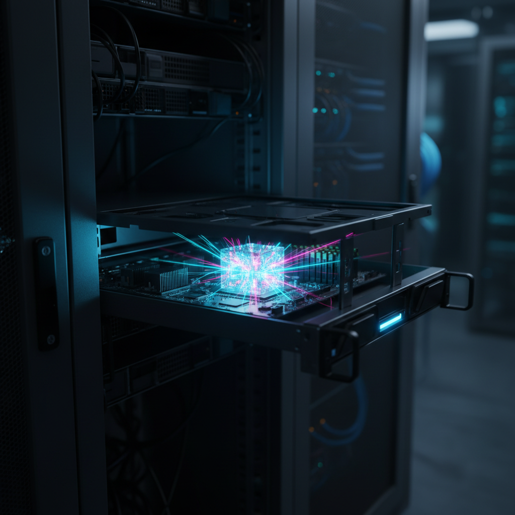 A close-up of a server's optical processor, glowing with internal light beams that trace complex patterns, representing the future of AI computation.