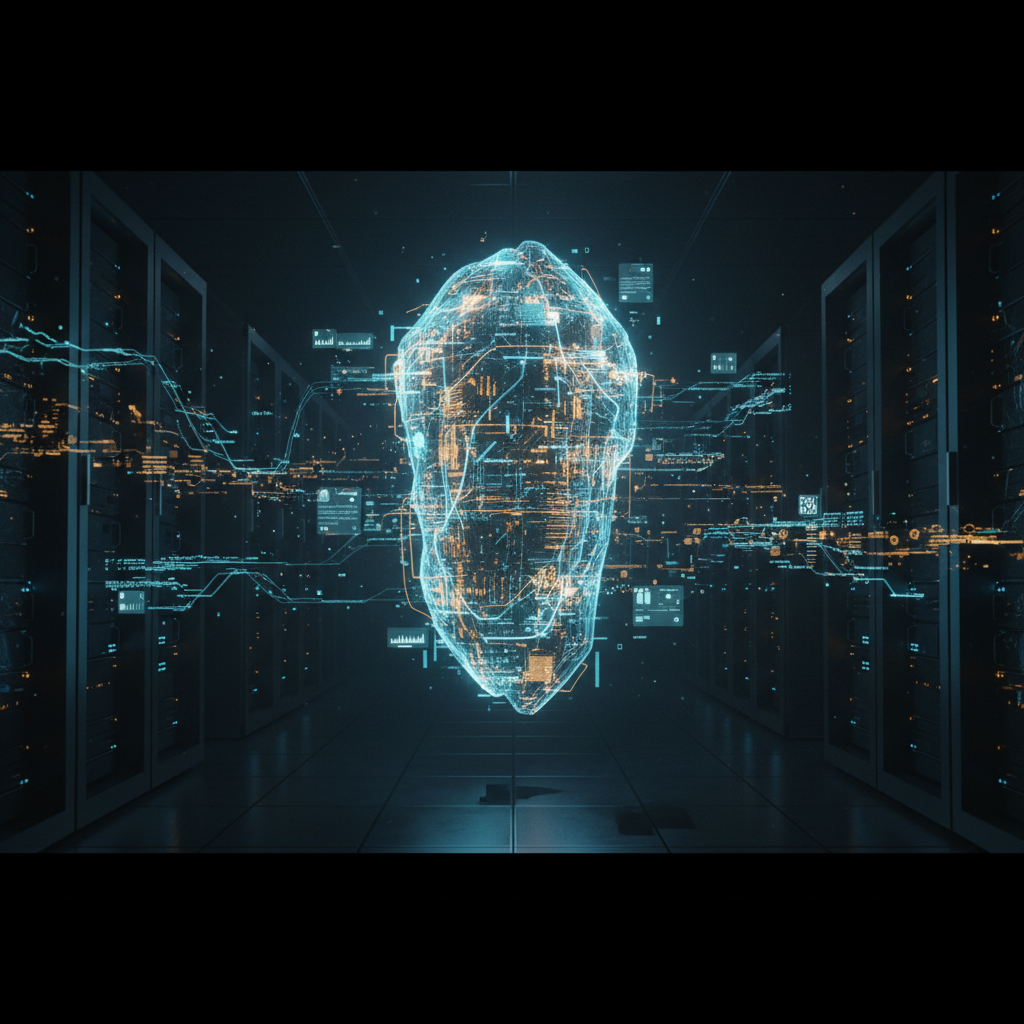 A glowing, intricate chrysalis made of data and light suspended in a dark server room, representing the birth of AI-generated software.