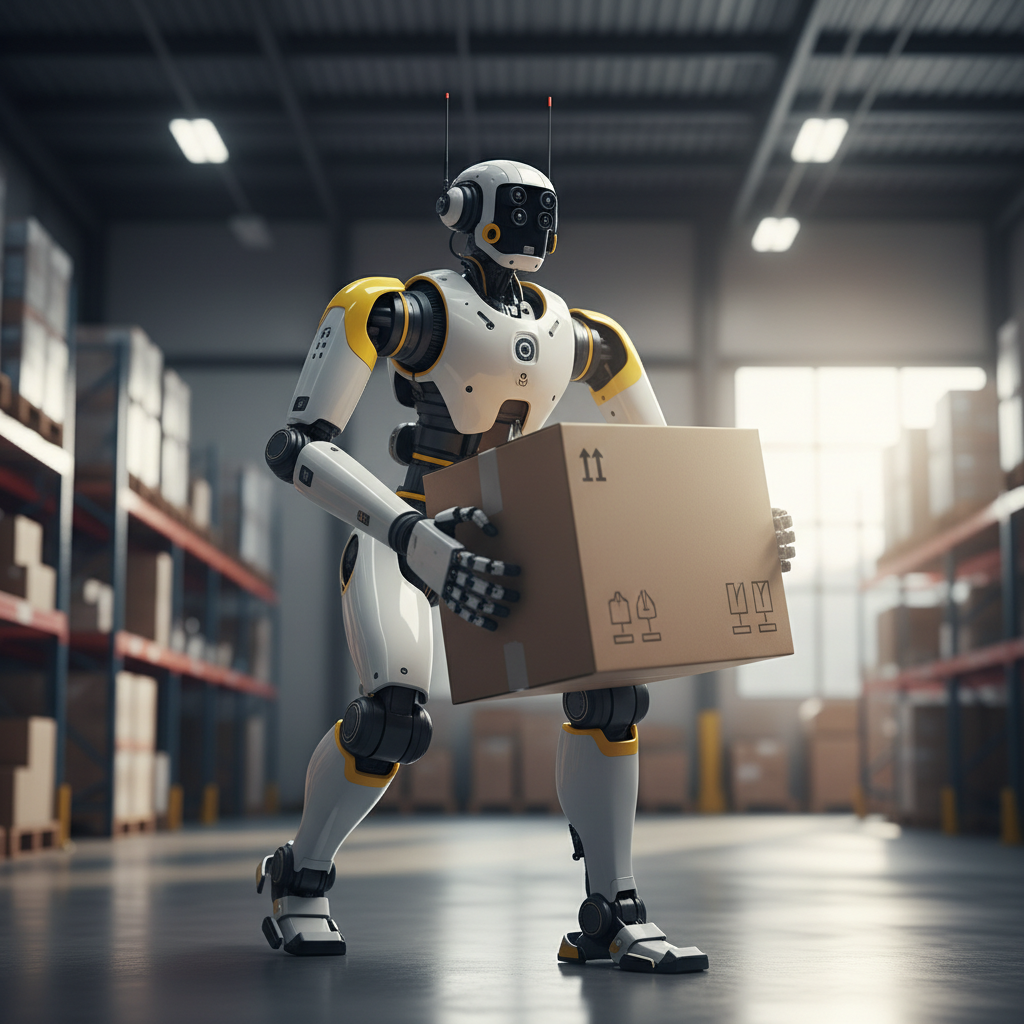 The Boston Dynamics Atlas-C, a commercial humanoid robot, meticulously stacking packages in a brightly lit, modern warehouse environment.