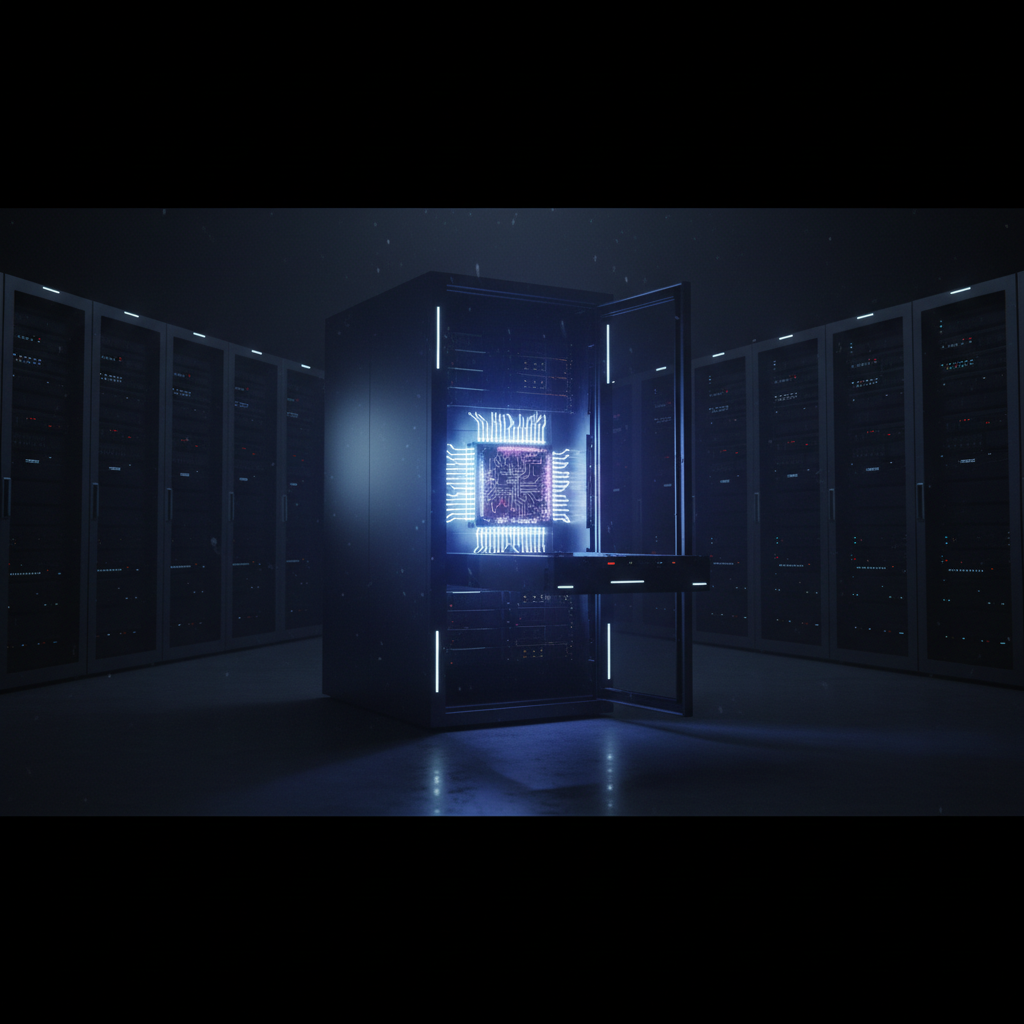 A close-up of the Cerebrum Systems Synapse-1 LPU, glowing with blue light inside a server rack in a modern data center.