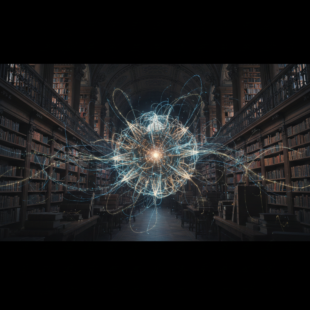 A glowing, complex sphere of light representing the Chiron AI model, floating in the center of a grand, dark library, with threads of light connecting books.