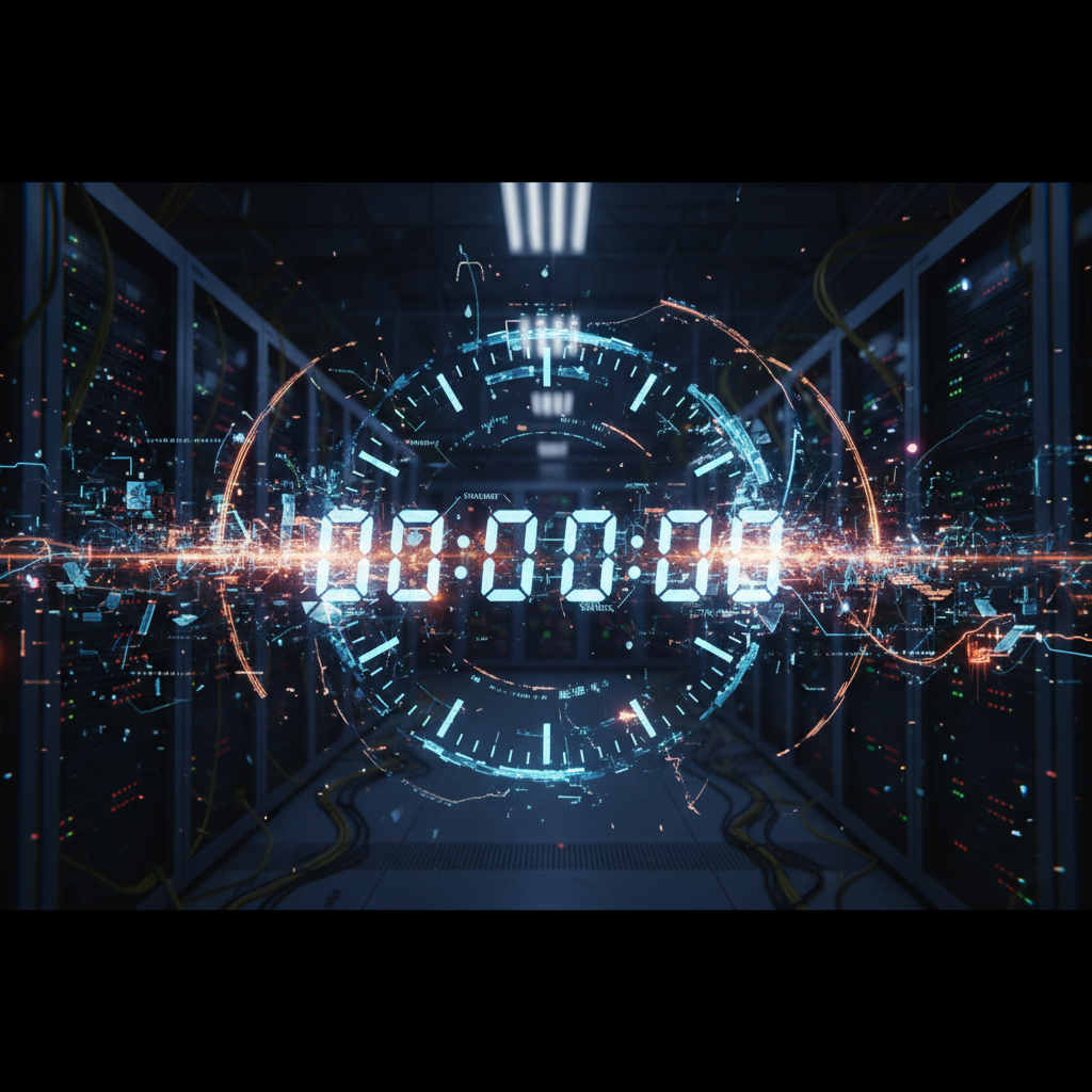 An abstract digital clock face shattering inside a vast, dark server room, representing the ChronoLeap vulnerability disrupting cloud infrastructure.