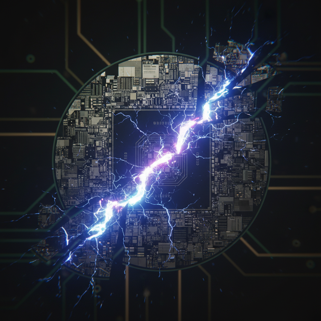 A macro shot of a silicon CPU wafer with a glowing crack running through its center, symbolizing a fundamental hardware security flaw.
