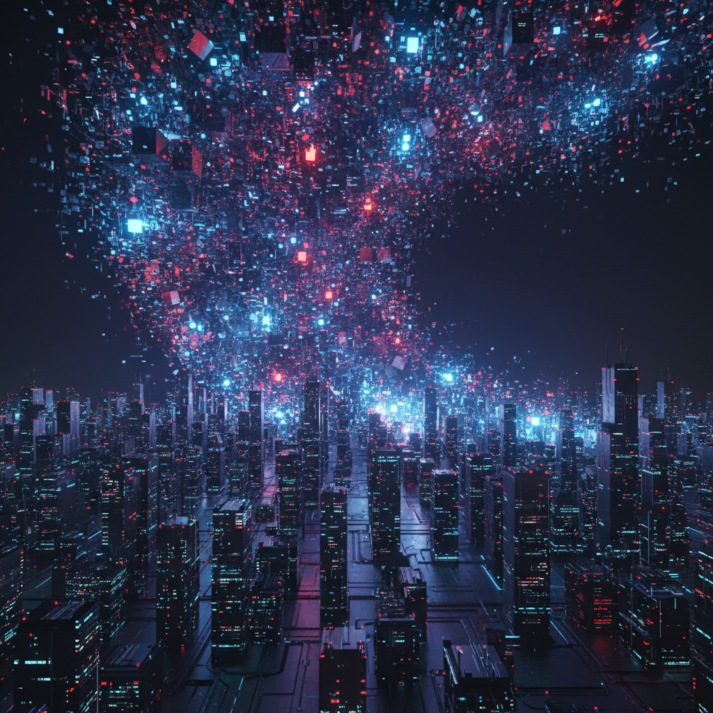 An abstract image of a digital wave composed of data crashing over rows of server racks, symbolizing the TidalMesh cybersecurity vulnerability overwhelming cloud infrastructure.
