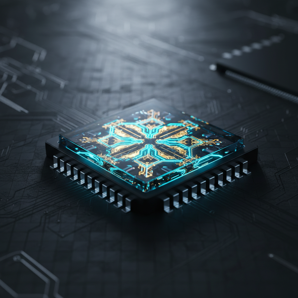 A close-up photograph of the Cognition Machines Synapse S1 AI processor, showing its glowing internal pathways and sophisticated design.