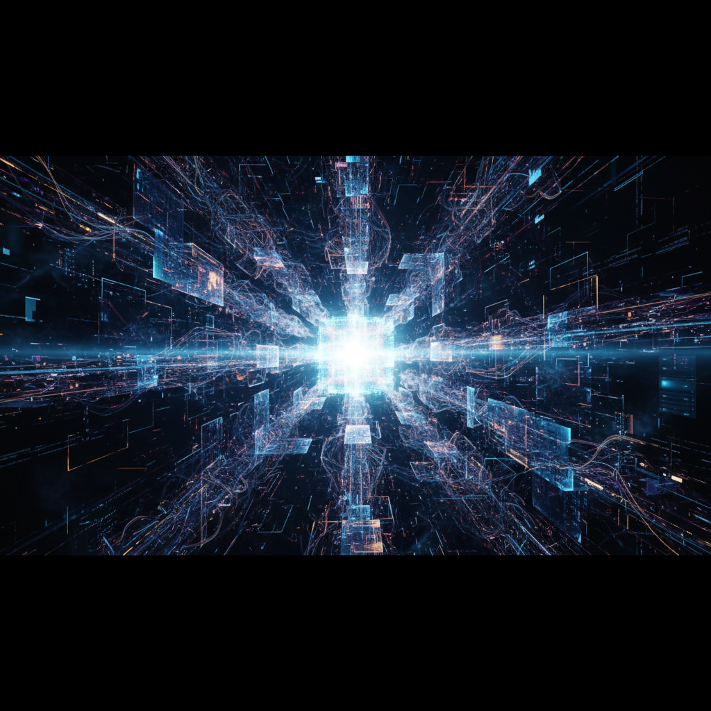 An abstract digital artwork showing glowing lines of light forming a complex, brain-like network, symbolizing the power of an advanced artificial intelligence.