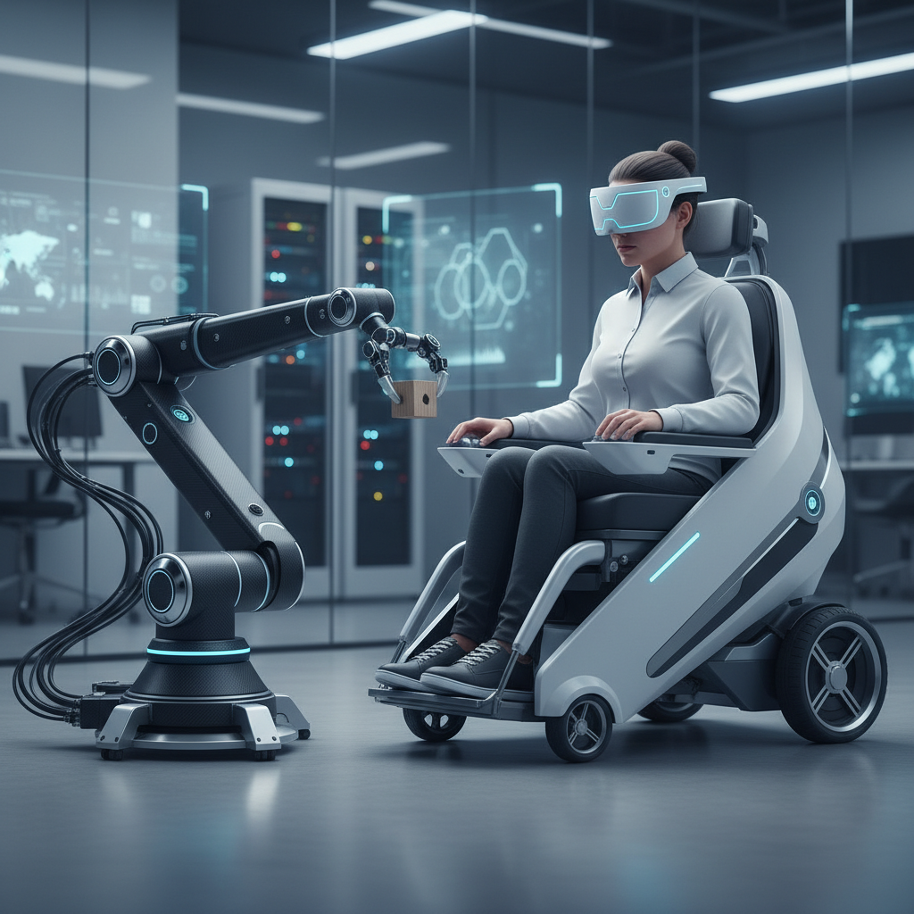 A person wearing Cortexa's Flowband BCI headset focuses intently as they mentally control a sophisticated robotic arm in a research lab setting.