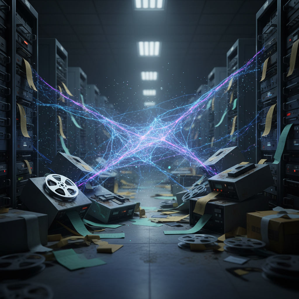 A glowing neural network of light consumes old mainframe computer tapes in a dark server room, representing AI modernizing legacy code.