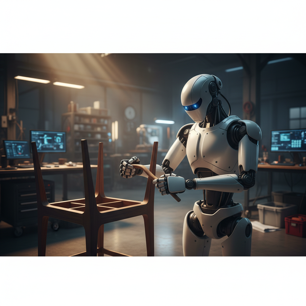 A humanoid robot in a workshop using its metallic hands to assemble a piece of wooden furniture, demonstrating advanced motor skills.