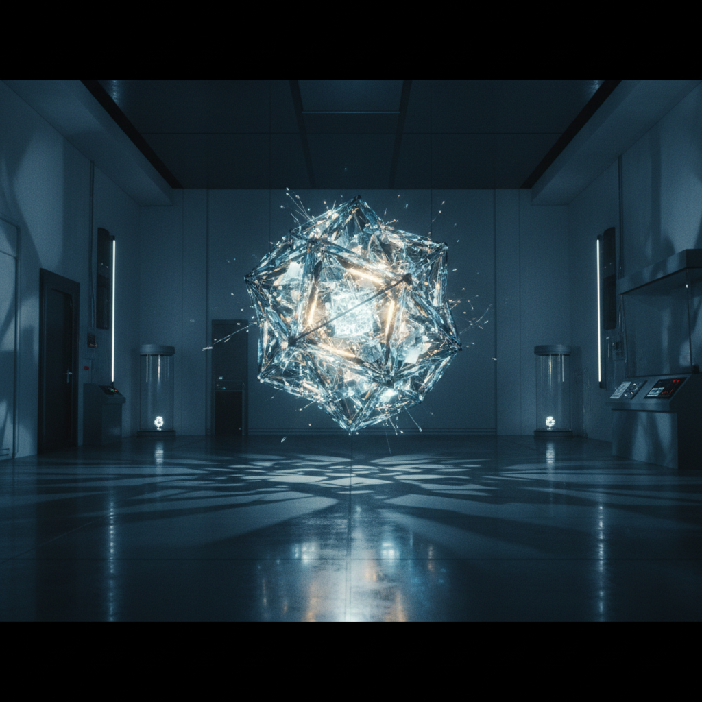 A glowing, complex crystal lattice, representing the new superconductor material discovered by DeepMind's Prometheus AI.