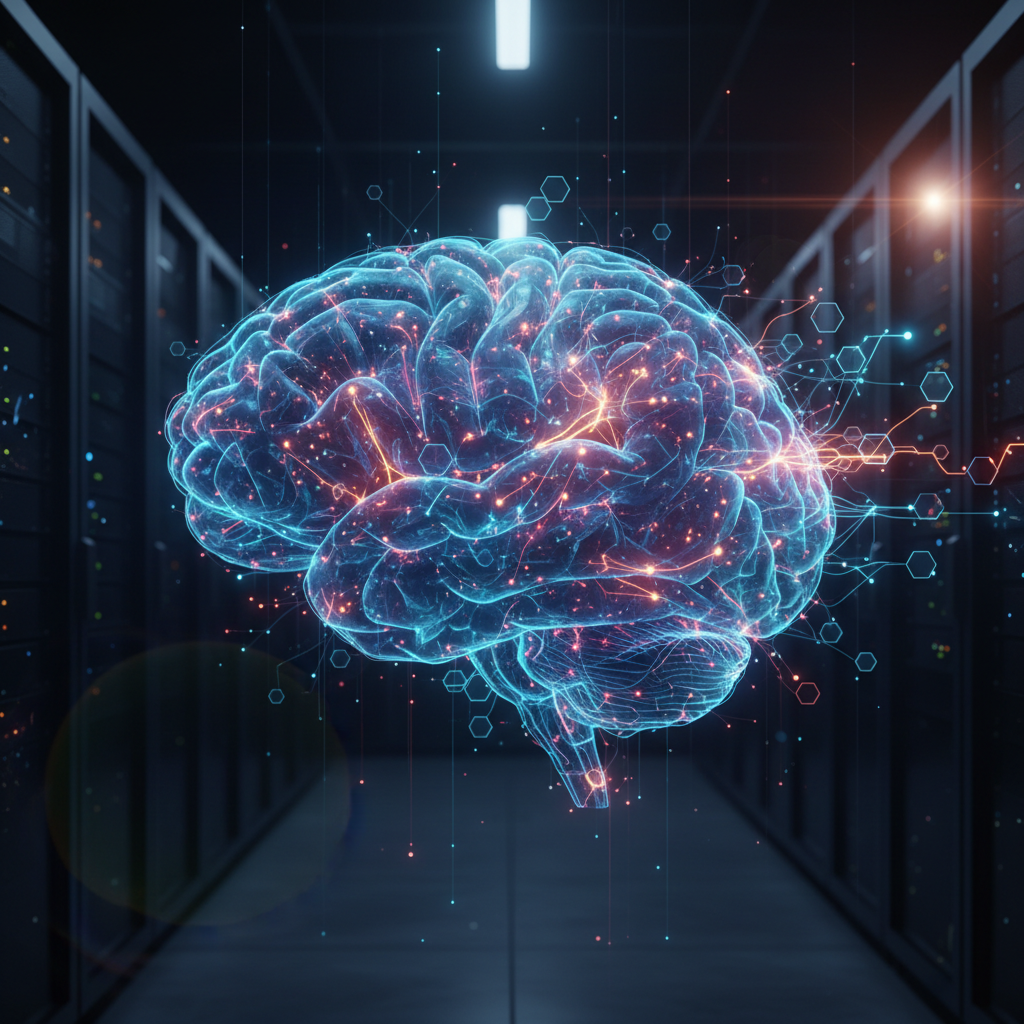 A photorealistic rendering of a complex, brain-like neural network, with glowing pathways of light showing the formation of new connections in a dark, futuristic setting.