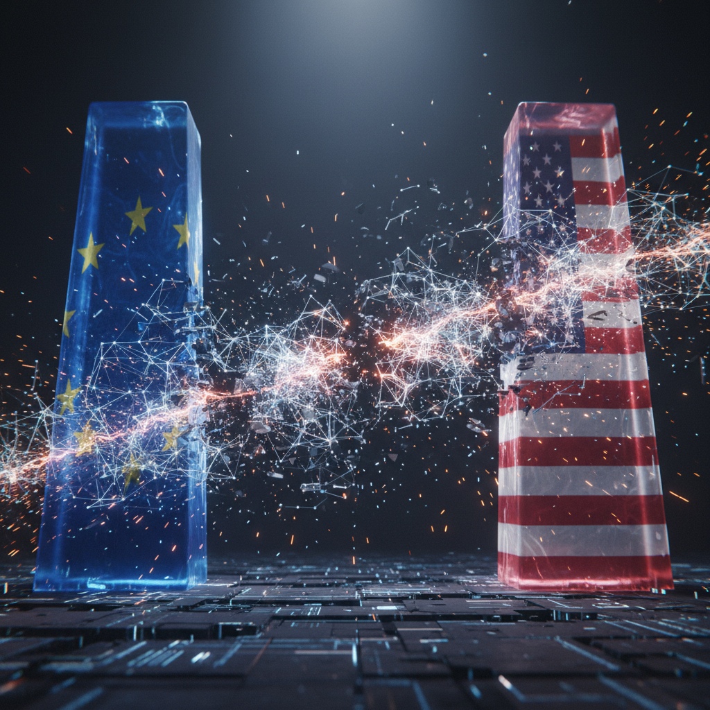 A digital artwork depicting a glowing artificial intelligence network being pulled apart by abstract forces representing the United States and the European Union.