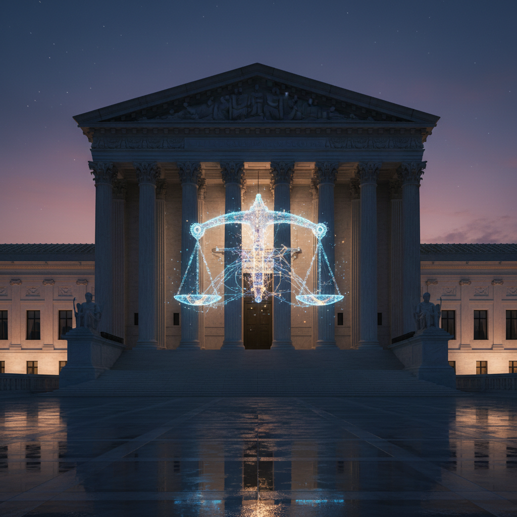 A grand courthouse facade at dusk, with a large, glowing neural network symbol replacing a traditional statue, symbolizing AI on trial.