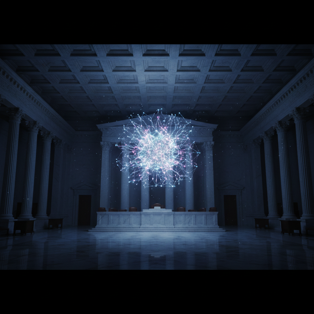 A glowing, intricate neural network floats in the center of a grand, empty courtroom, representing the collision of artificial intelligence and law.