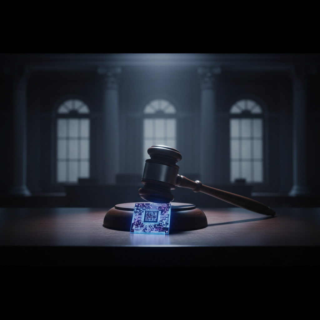 A glowing AI microprocessor sits on a judge's bench next to a gavel in an empty courtroom, symbolizing the antitrust lawsuit against a chipmaker.