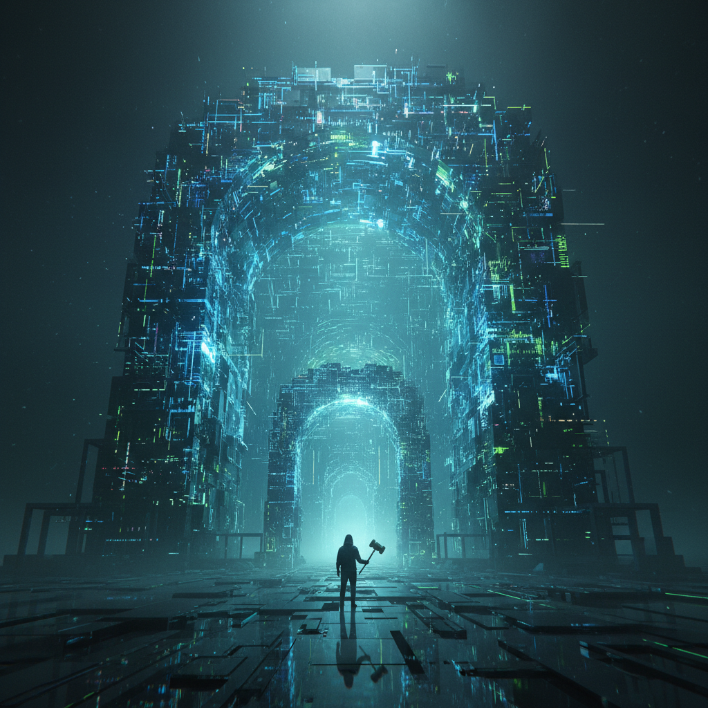 A vast, glowing labyrinth of light representing NVIDIA's CUDA software, with a tiny figure holding a judge's gavel at its entrance, symbolizing the DOJ's antitrust challenge.