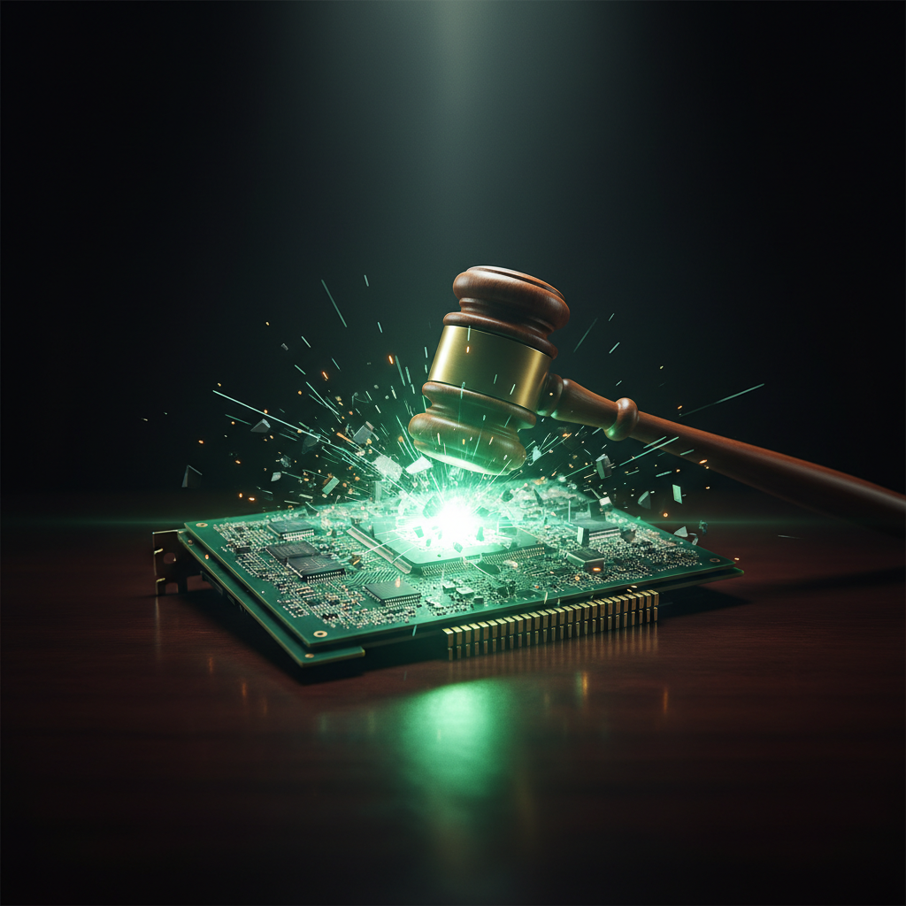 A photorealistic image of a glowing green microchip, representing an Nvidia GPU, being shattered by the impact of a wooden gavel.