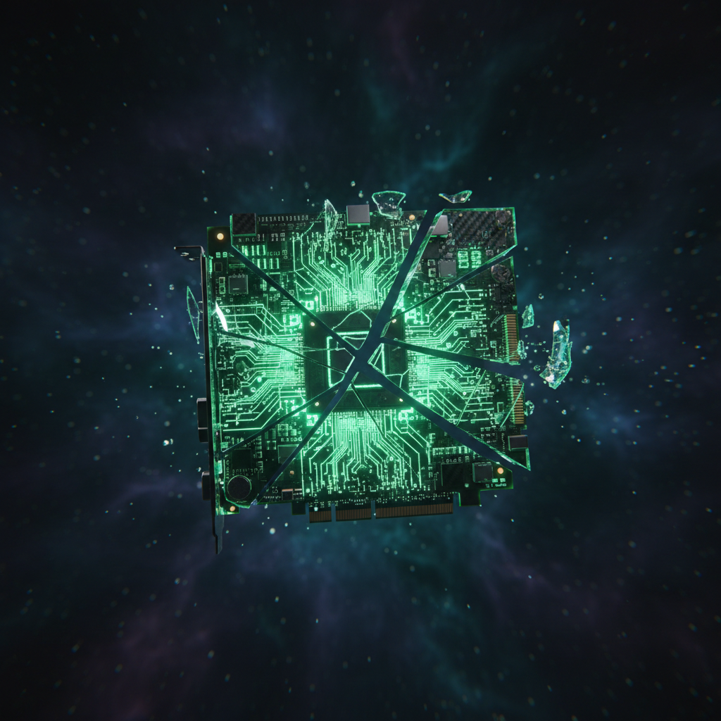 A photorealistic image of a shattered GPU, its internal circuits glowing from the cracks, symbolizing the potential breakup of a major tech company.
