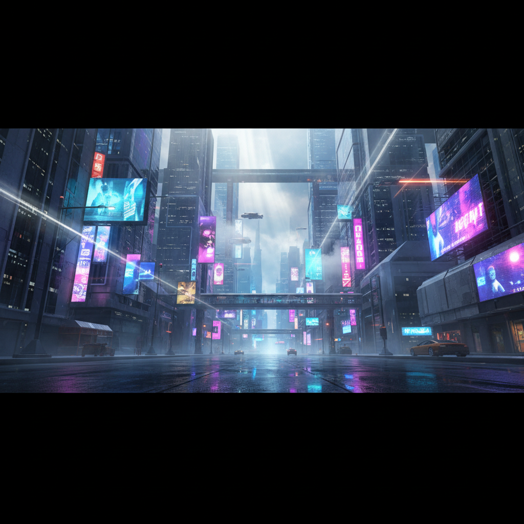 A photorealistic city street at night rendered in Unreal Engine 6, showcasing complex reflections and lighting from the Neural Radiance Caching (NeRC) system.