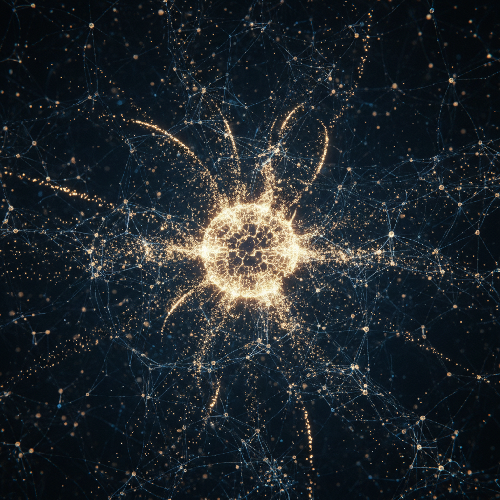 An abstract representation of a neural network, with a large central orb breaking apart into countless smaller, efficient nodes, illustrating a dramatic reduction in computational cost.