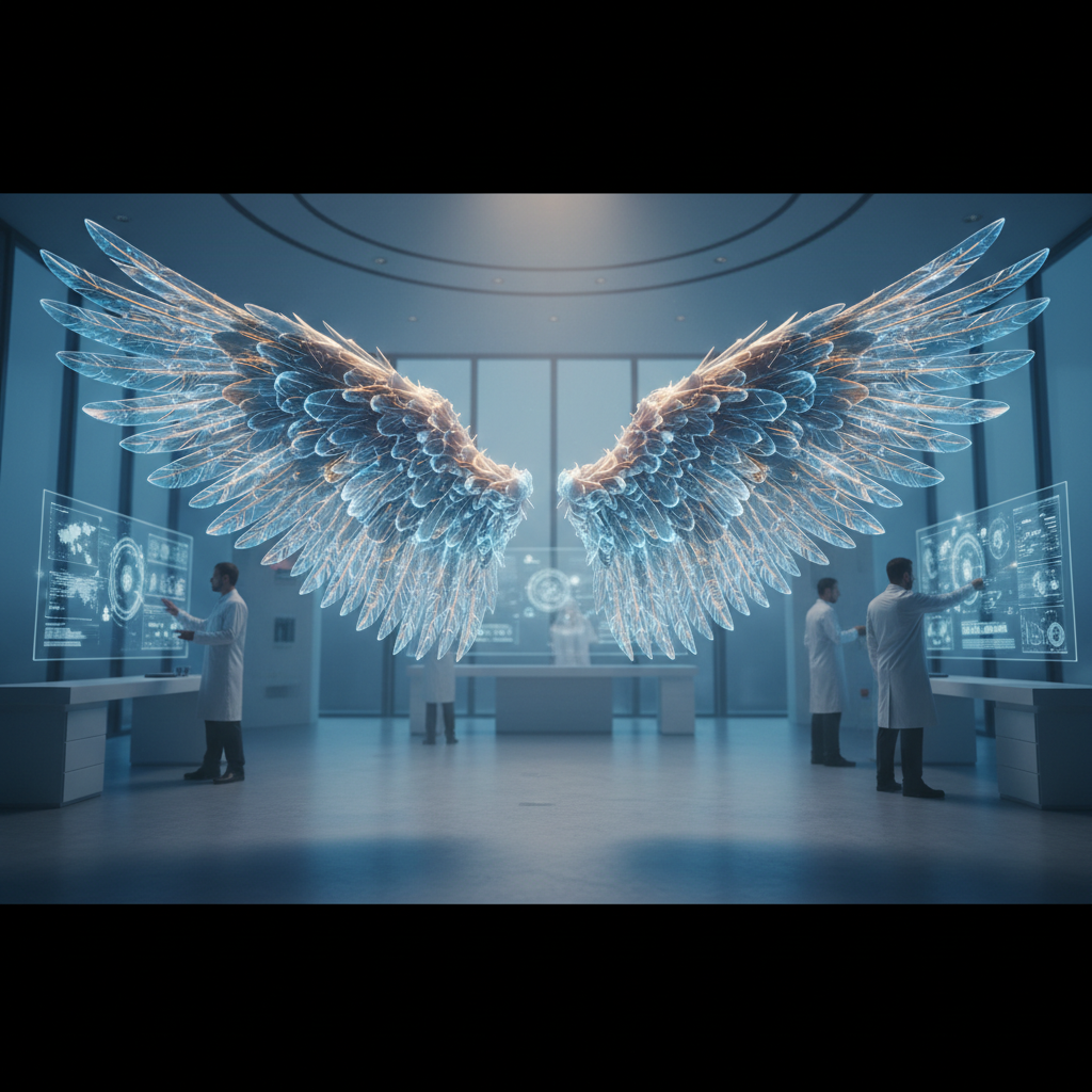 Digital rendering of a complex, glowing neural network that resembles a pair of large, golden wings inside a state-of-the-art research facility.