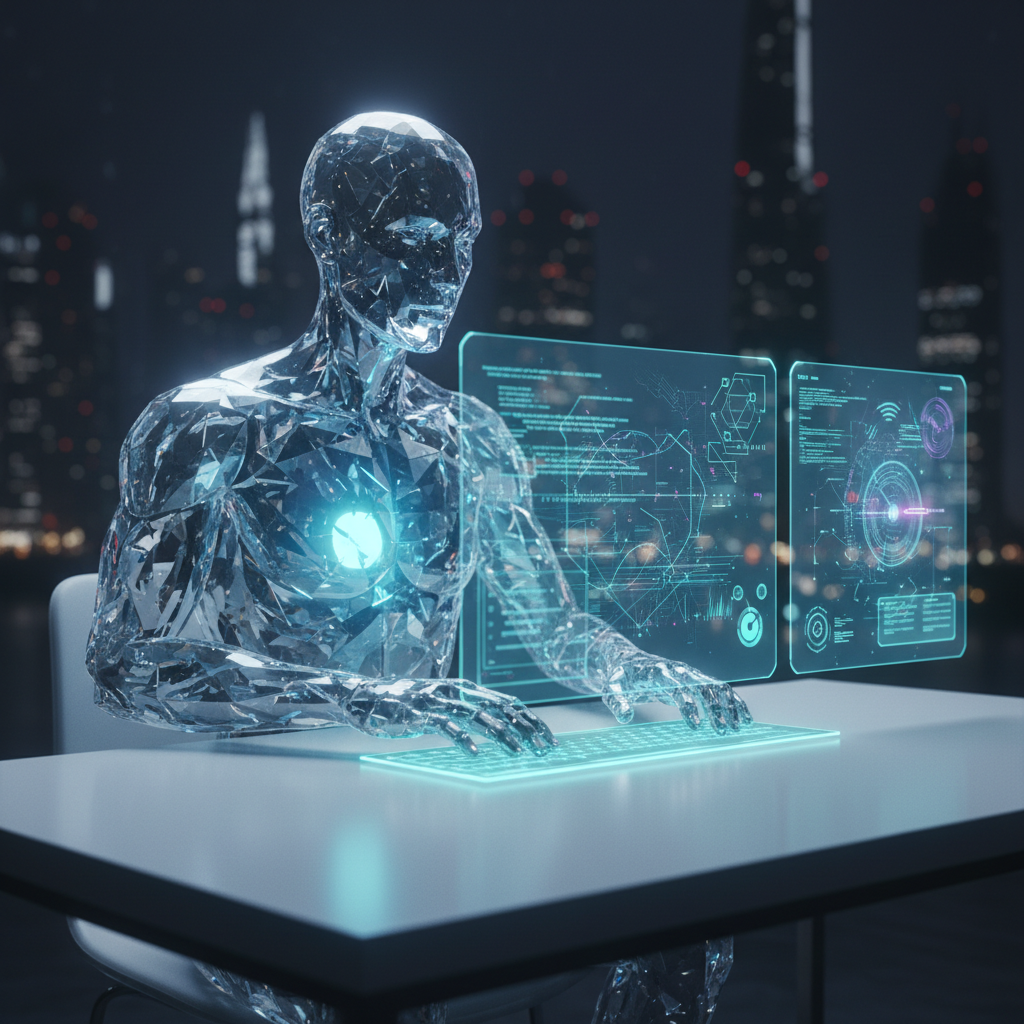 An ethereal, crystalline AI entity autonomously working at a futuristic desk, manipulating multiple holographic user interfaces simultaneously.