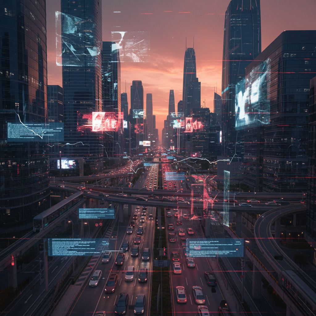 A futuristic cityscape in chaos, with malfunctioning digital signs and gridlocked traffic, illustrating the breakdown of a smart city's infrastructure.