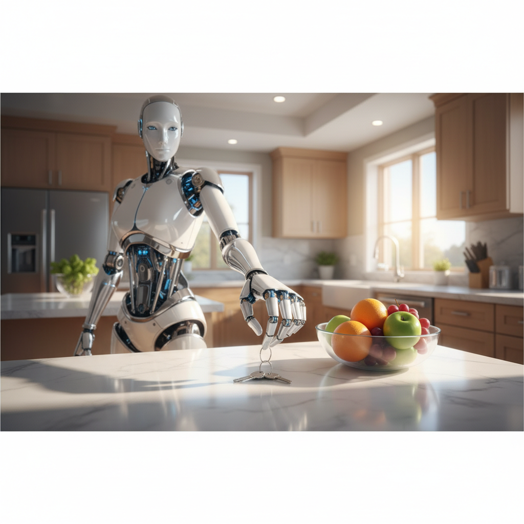 A futuristic robot with a detailed, articulated hand carefully picks up a set of keys from a kitchen counter in a sunlit modern home.