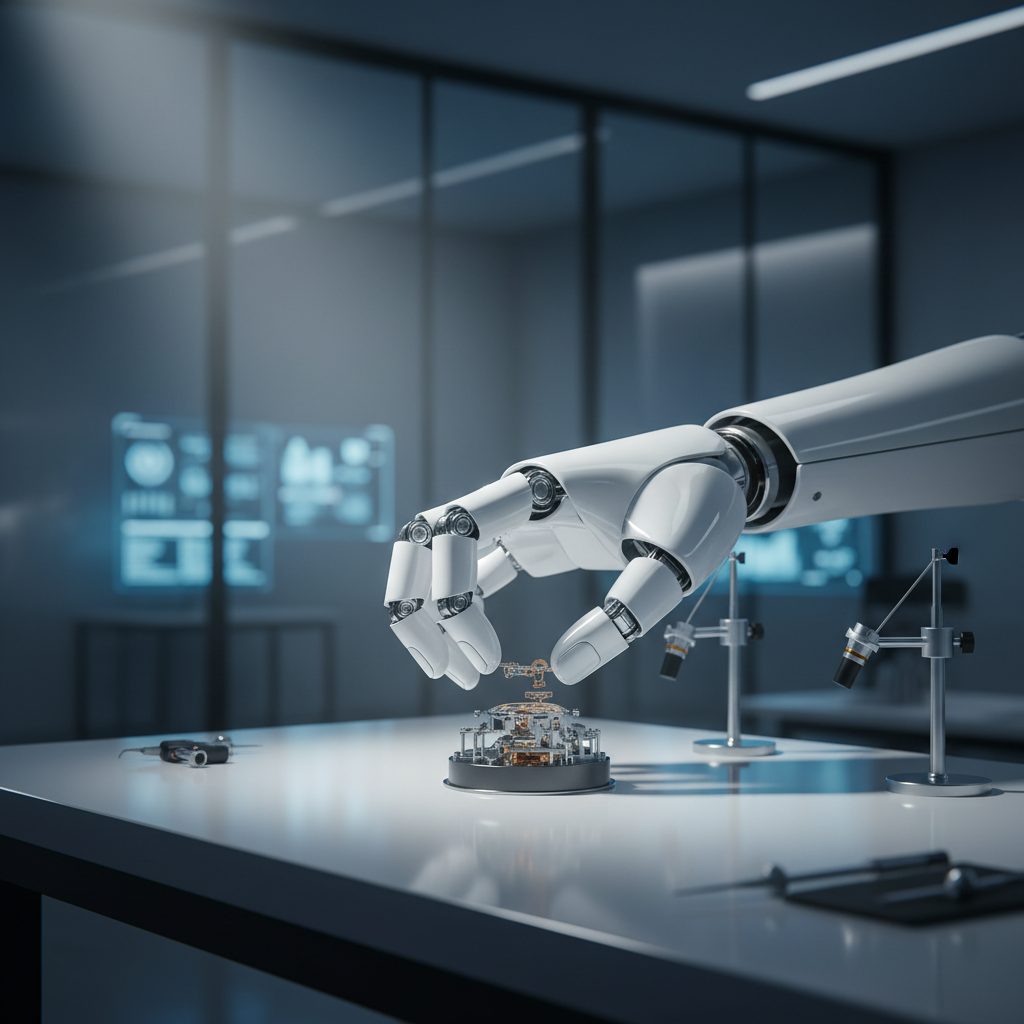 A highly advanced robotic arm performing a delicate task with precision, illustrating the capabilities of the new Kinetic-1 AI.