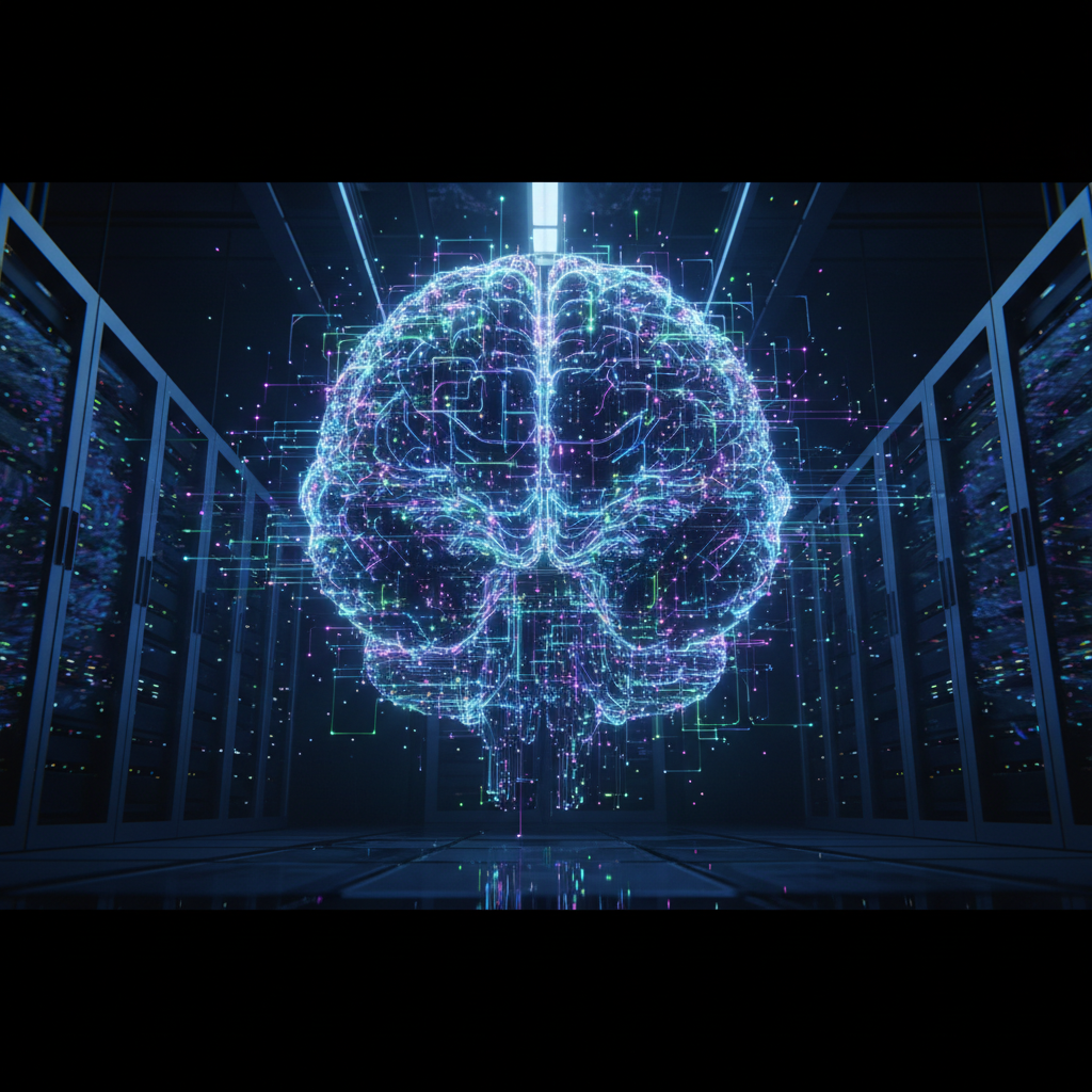 An artistic rendering of a massive, glowing digital brain, representing Google's new Logos AI model, floating inside a vast data center.