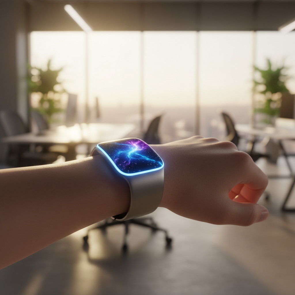 A futuristic wearable device on a person's wrist, displaying a glowing blue and purple abstract data visualization in a modern setting.