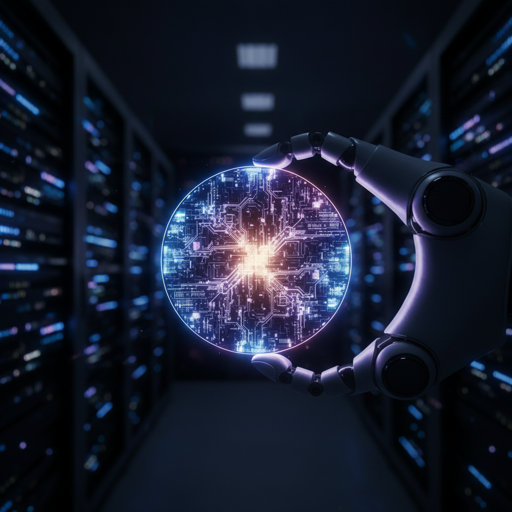 A robotic arm presents a complex, glowing silicon wafer for an LPU chip in a dark, futuristic server room, symbolizing the open-sourcing of AI hardware.