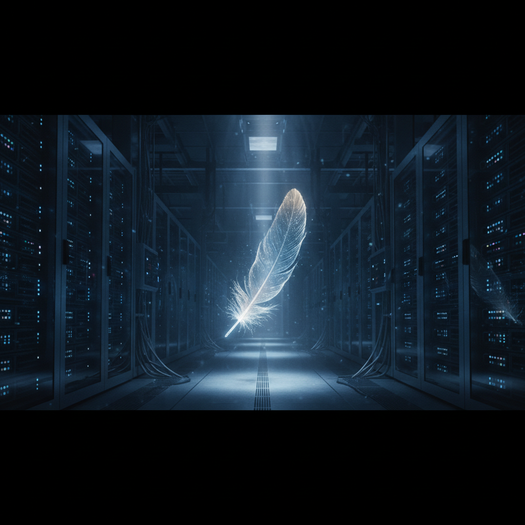 A single, glowing white feather floats suspended in the center of a dark, cavernous data center with rows of illuminated server racks.