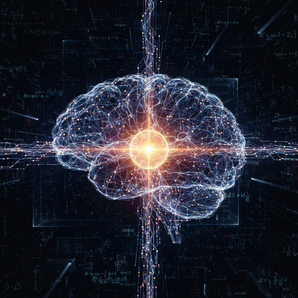 A glowing, golden neural network representing the Prometheus AI, processing complex streams of data in a dark, abstract environment.