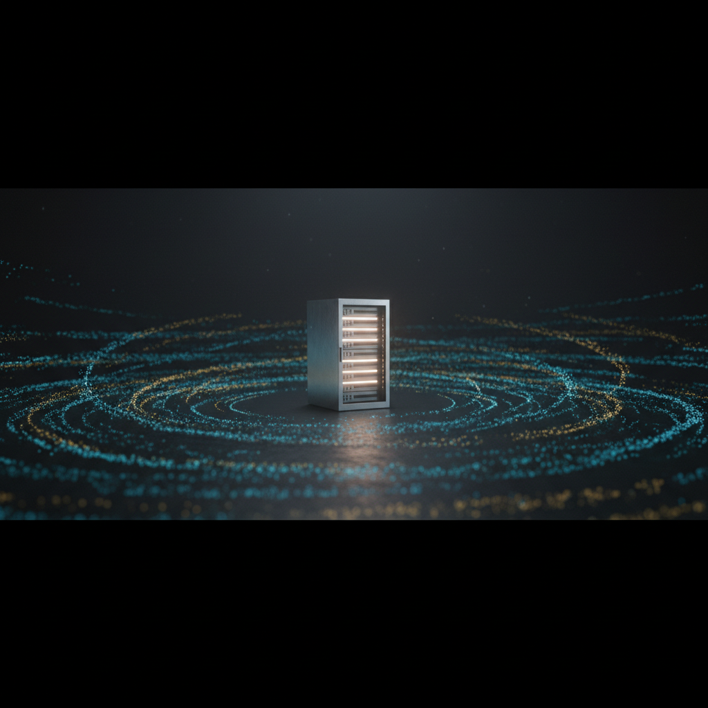 A single, glowing white server rack stands in a dark, abstract space, representing the new, efficient Serrano-1 AI model from Helios.