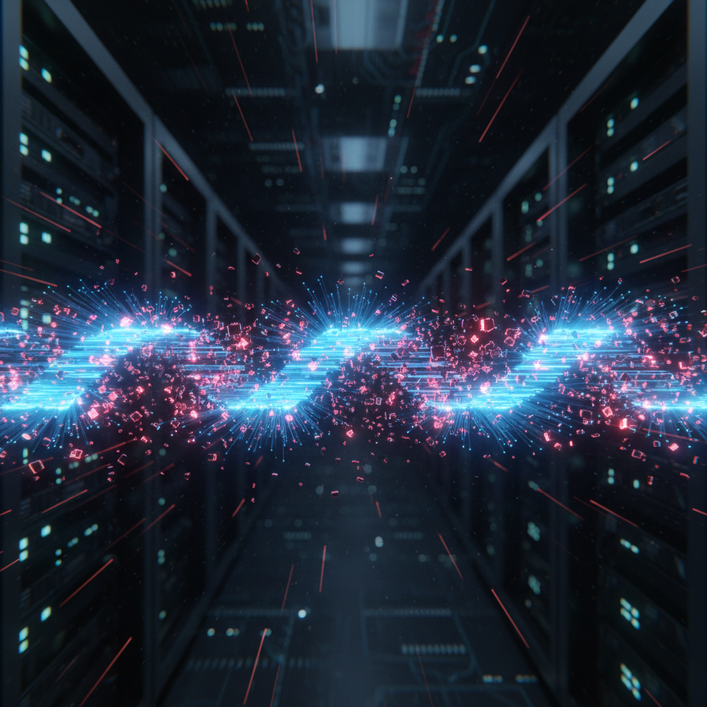 Abstract visualization of a glowing blue data stream fracturing, with red shards breaking off, representing the StreamJacking vulnerability in the HTTP/4 protocol.