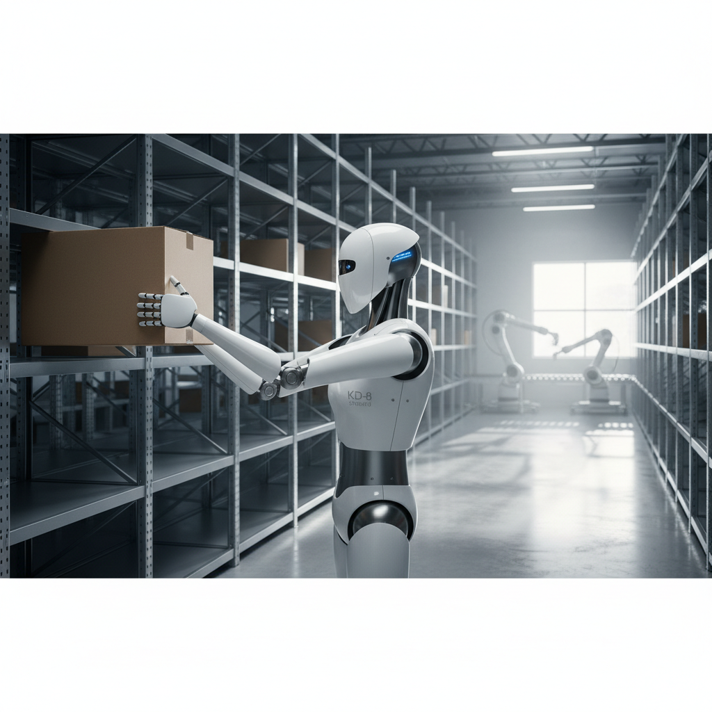 The Kinetic Dynamics KD-8 Steward, a sleek white humanoid robot, working in a vast, modern warehouse, lifting a box from a shelf.