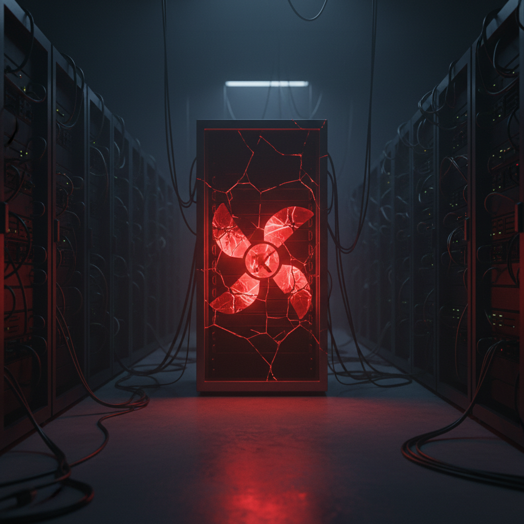 A central server rack, made of cracked and glowing crystalline blocks, shines with an ominous red light in a dark, sprawling data center.