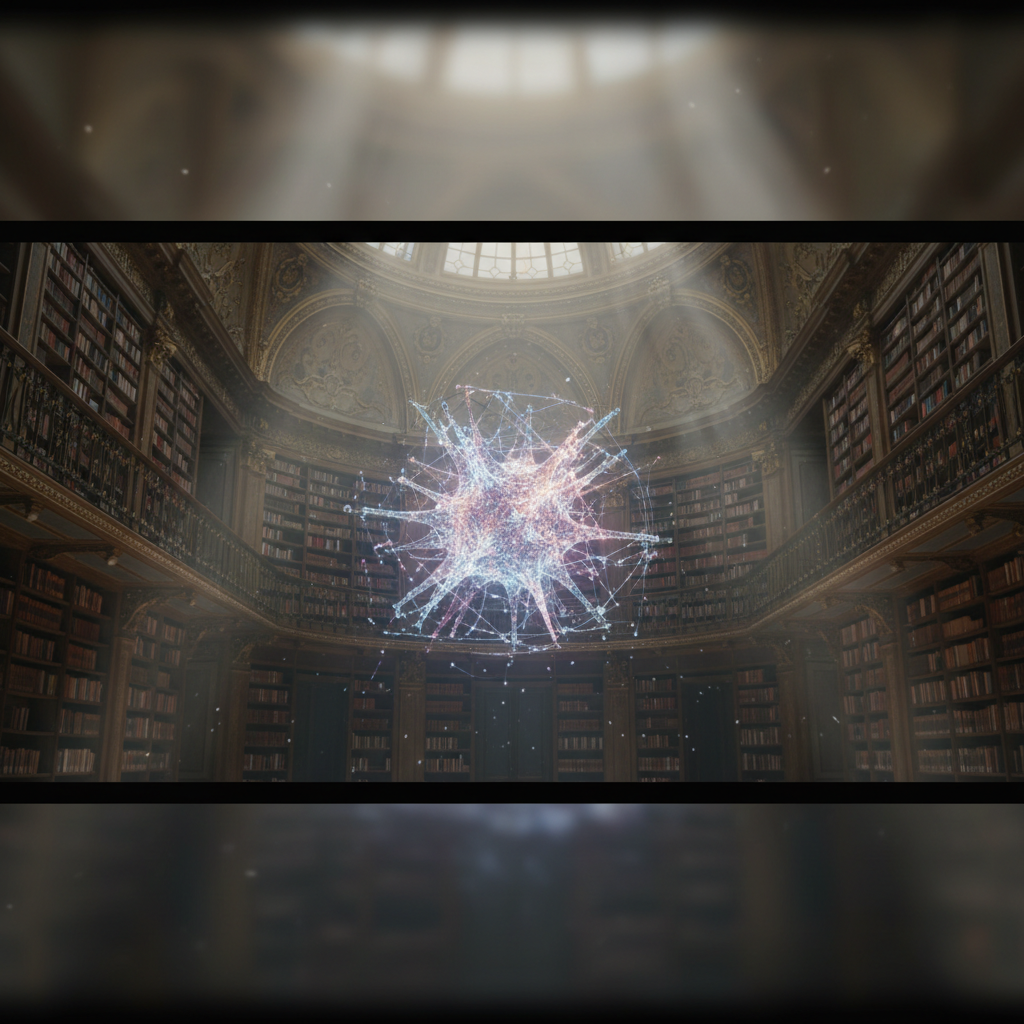 A glowing, intricate glass neural network node floats in the center of a grand, dark library, symbolizing the release of MarianneAI's open-source model.
