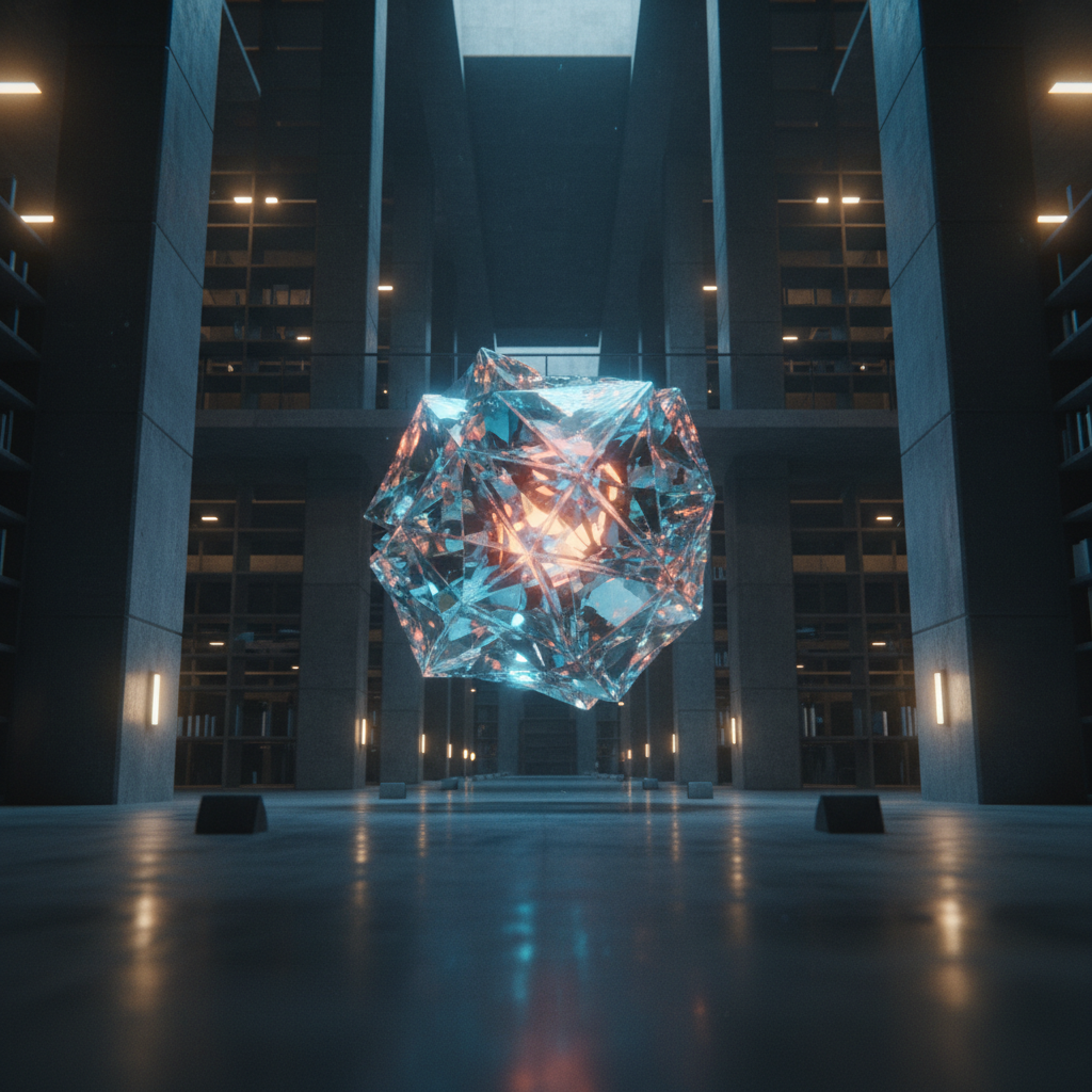 A glowing crystalline AI core floats in the center of a vast, modern library, symbolizing Mistral's new open AI model.