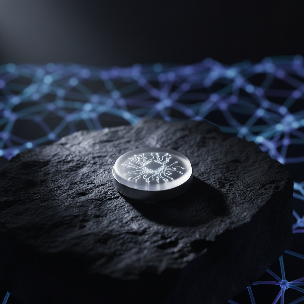 A close-up photograph of the sleek, coin-sized Neuralink N1 implant, glowing softly on a dark surface, with an abstract neural network pattern in the background.