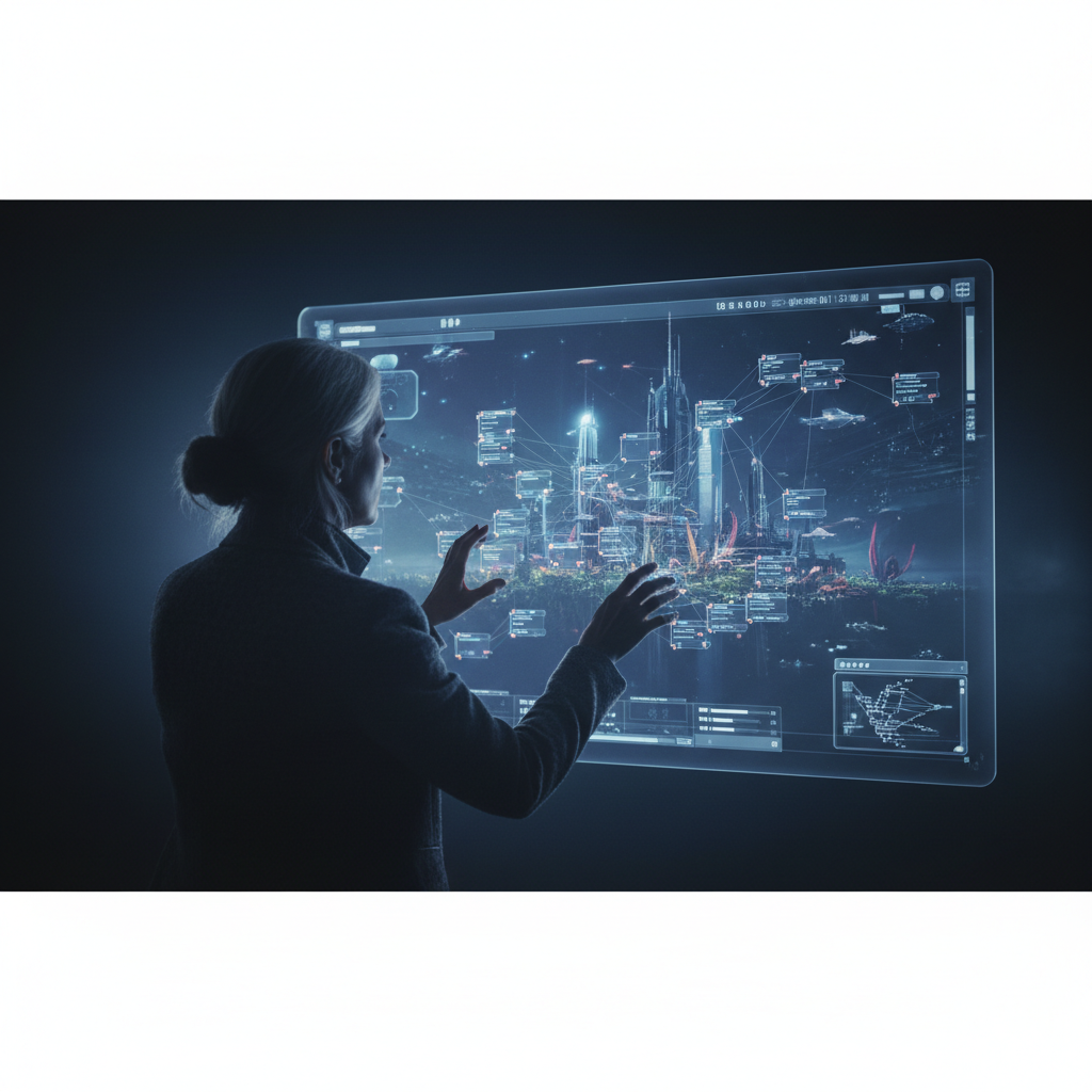 A film director uses a futuristic holographic interface to generate a complex sci-fi movie scene with an AI tool, representing OpenAI's Director AI.